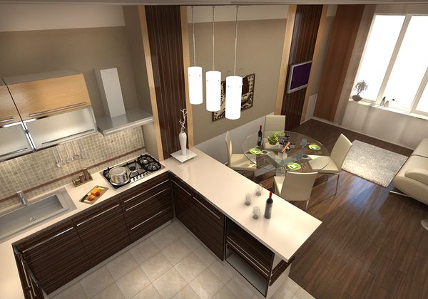Dzīvojamās istabas dizains apvienojumā ar virtuvi