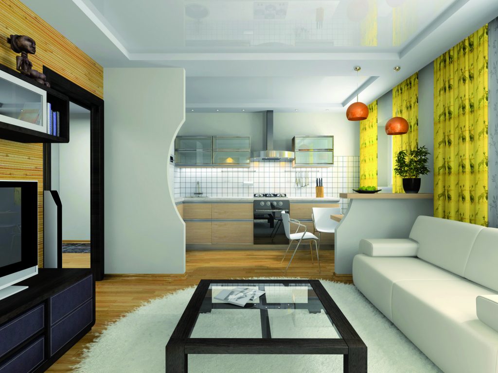 Design of a small living room combined with a kitchen