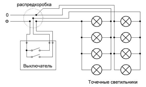 Схема підключення точкових стельових світильників 